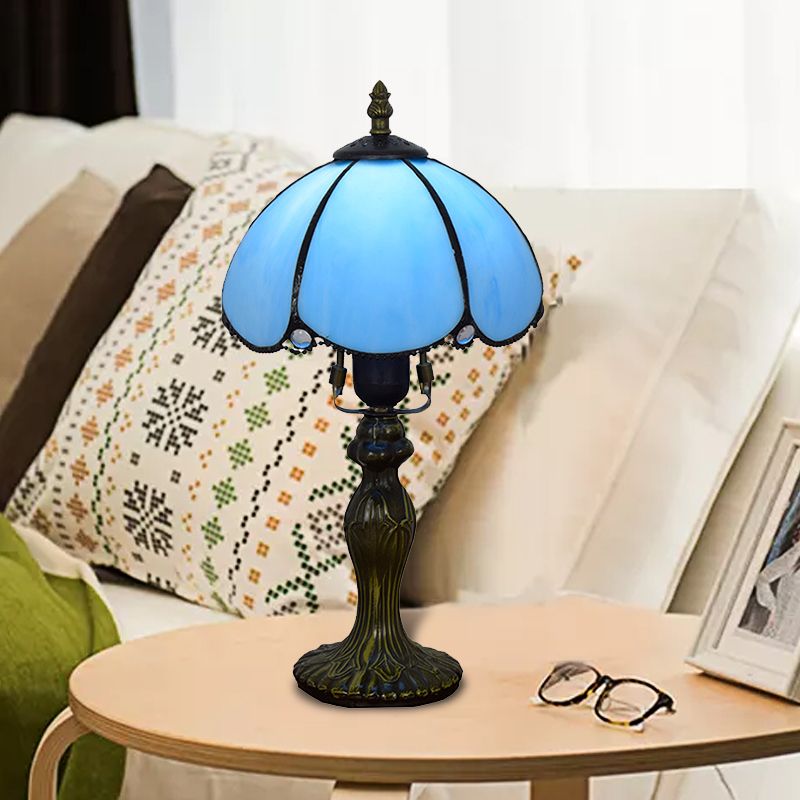 Traditionele koepelle leeslicht kunstglas 1 lichttafellicht met kalebasbasis in blauw/geel voor studieruimte