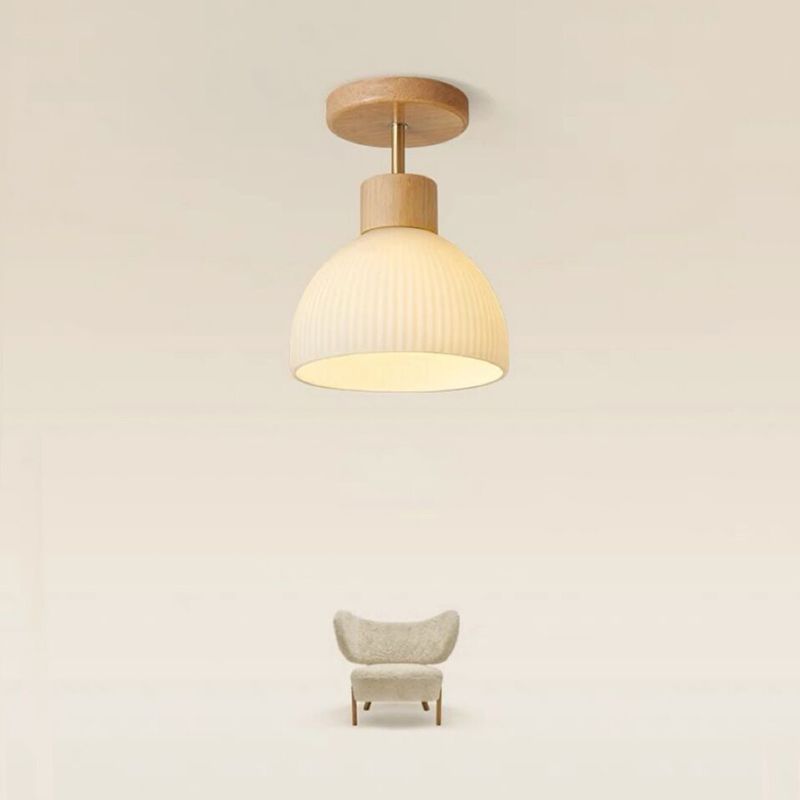 Contemporary Wood Ceiling Light White Shaded Flush Mount Lighting for Home
