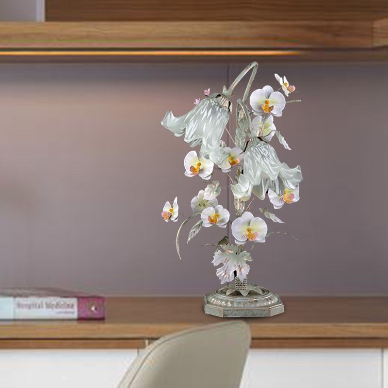 Metal Silver Night Table Lamp Flower 2 Bulbs Countryside Nightstand Lighting for Living Room