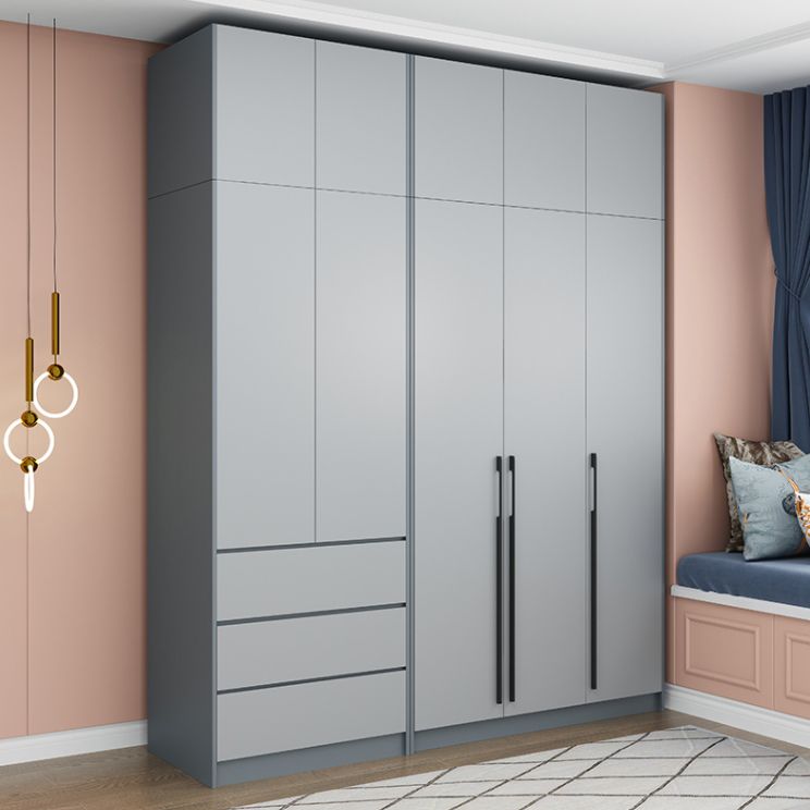 Grey Wooden Wardrobe Armoire Hinged Storage Cabinet with Soft Close Drawer