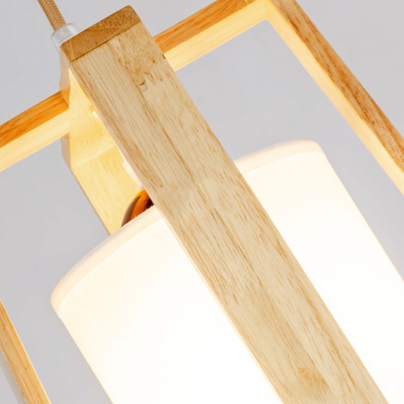 Modern Creative Pendant Light Wooden Geometric Hanging Lamp with White Fabrics Shade