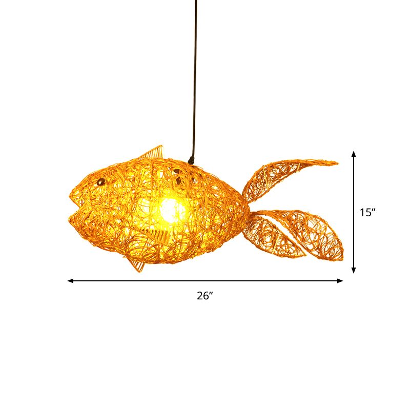 Asian Style Fish-Shape Pendulum Light Rattan 1-Light Living Room Hanging Ceiling Lamp in Gold