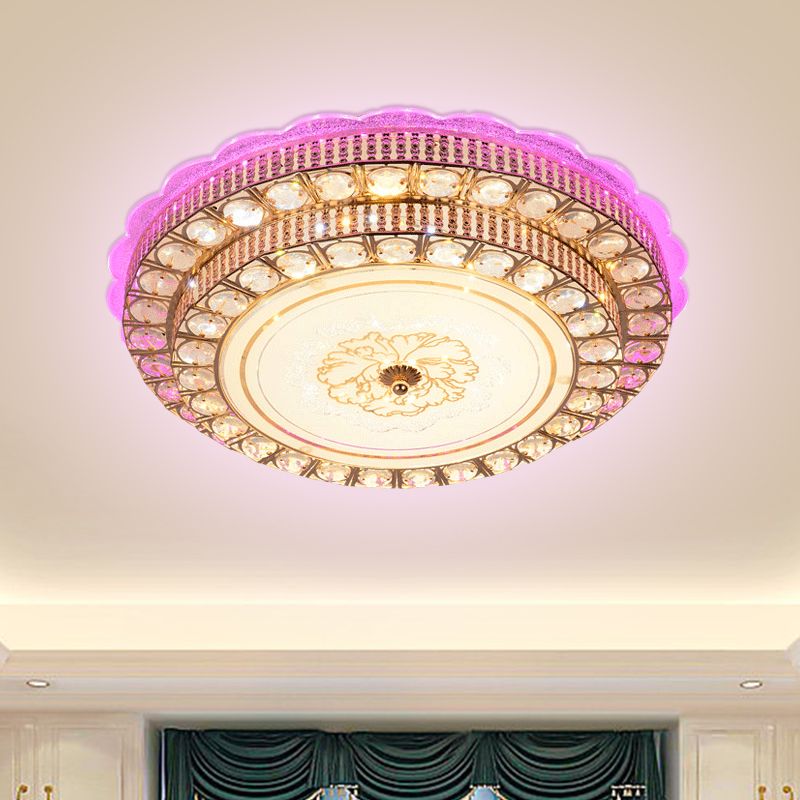 Modernist Tiered Ceiling Flush Beveled Crystal Living Room LED Flush Mount Fixture in Gold with Flower Pattern