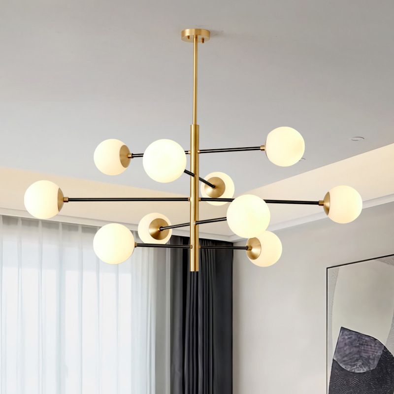 Post-Modern Hanging Chandelier Light Satin Opal Glass Ceiling Chandelier in Gold for Living Room
