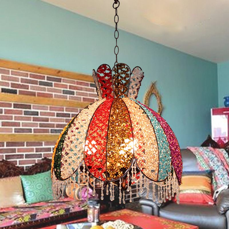 Bohemian Scalloped Pendant Chandelier 3 Heads Metal Hanging Ceiling Light in White/Red/Yellow with Dangling Crystal