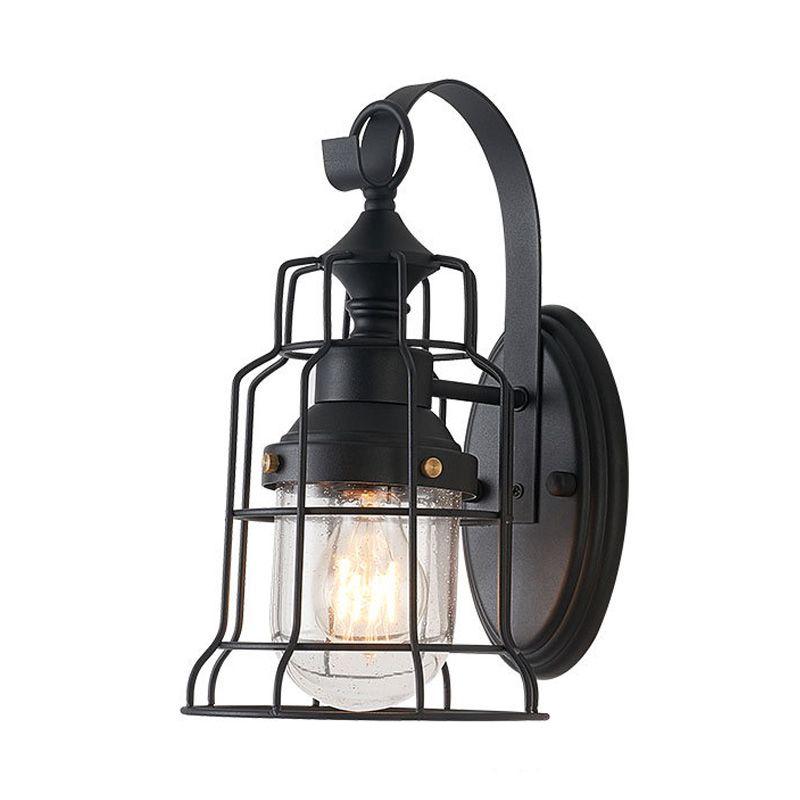 1 Light Bell Shade Sconce Light Industrial Black Seedy Glass Wall Lamp for Corridor with Metal Cage Frame