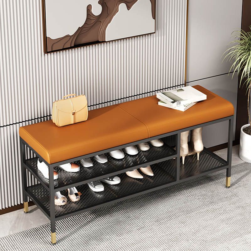 Metal Cushioned Bench Modern Seating Bench with Shelves for Entryway