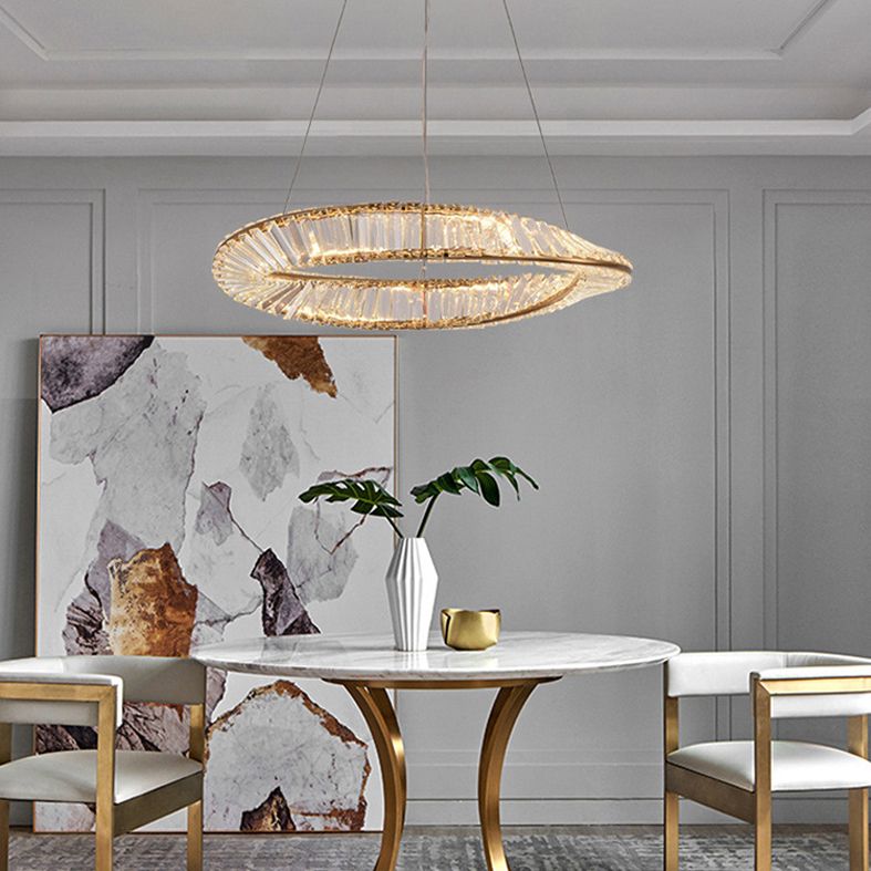 Modern Luxury LED Pendant Light Wrought Iron Circular Hanging Lamp with Crystal Shade