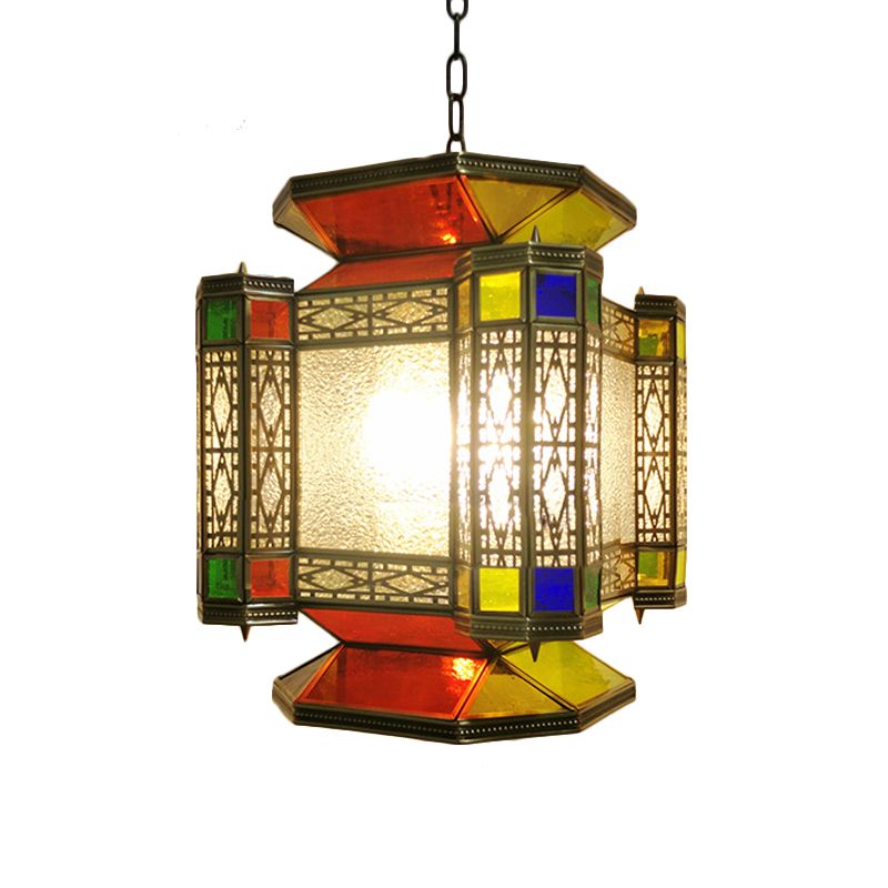 Vintage Lantern Chandelier Lighting 3 Lights Textured Glass Pendant Light Fixture in Brass