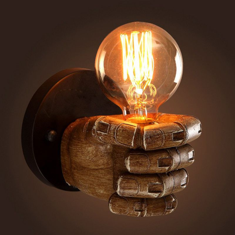 Brown Fist Wall Lamp Loft Style Single-Bulb Resin Sconce Light Fixture for Living Room