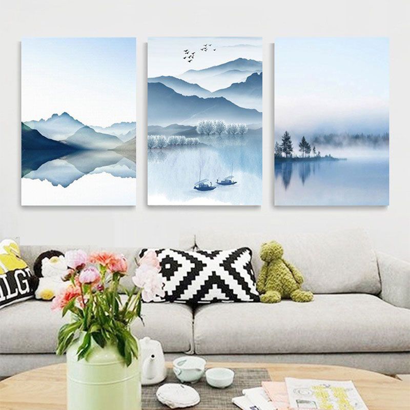 Mountain River Landscape Canvas Print in Blue Chinese Wall Art Set for Living Room