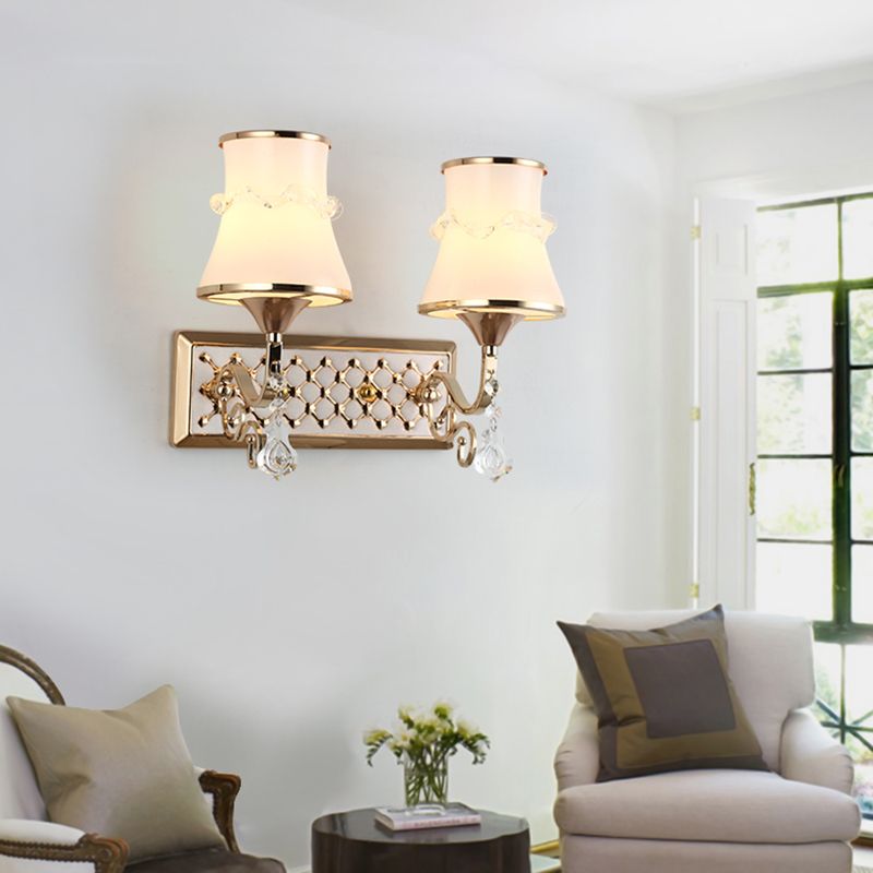 White Glass Flared Wall Lamp Contemporary Gold Wall Light Fixture for Bedroom