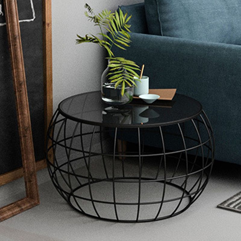 Contemporary Round Glass Top Cocktail Table with Frame Base in Iron
