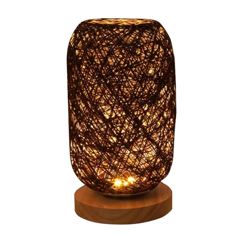 Bamboo Rattan Capsule Night Table Light Modern Asia 1-Light Beige/Coffee Nightstand Lamp