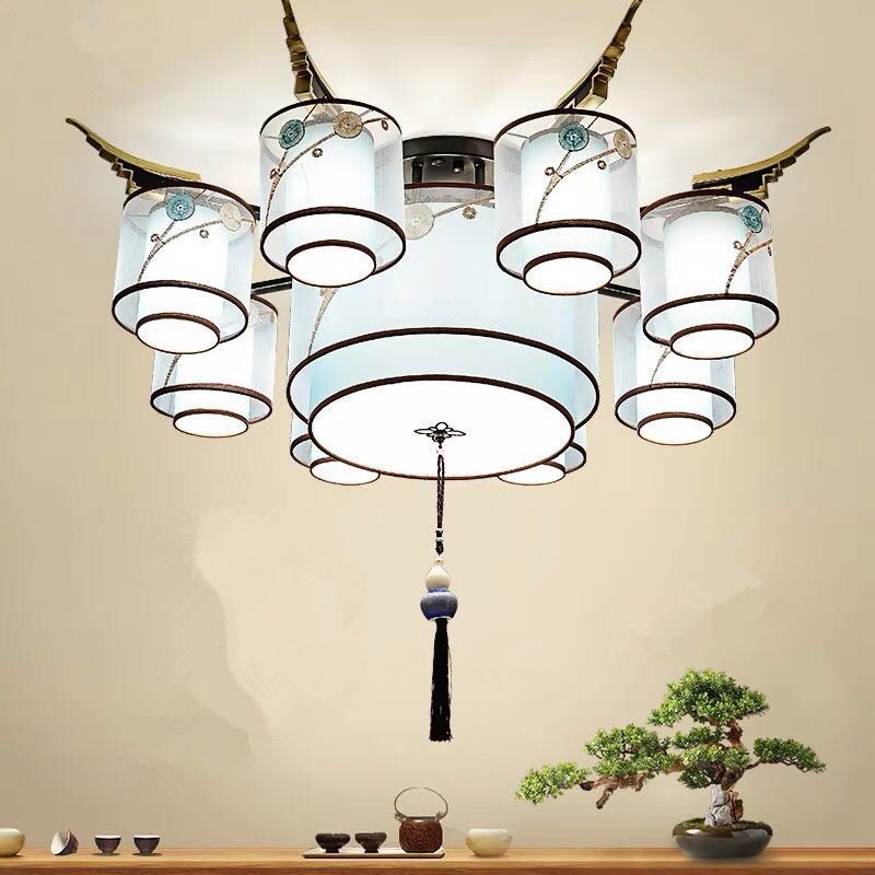 Tissu d'éclairage à semi-montage cylindrique vintage près du plafond de plafond en bleu ciel avec nœud à glace