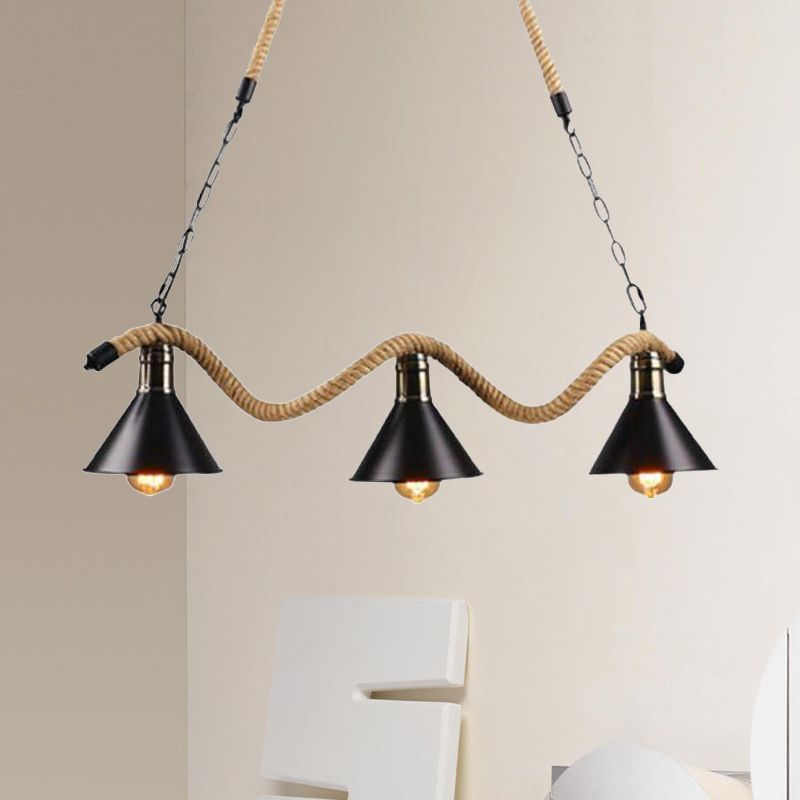 Farmhouse Style Conic Island Lamp 3/5 Bulbs Metal and Rope Pendant Light with Wavy Design in Black