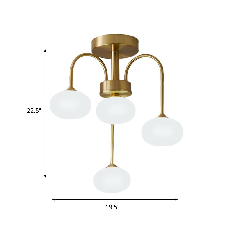 Vidrio lácteo ovalado semi flush modernista 4/6 cabezas doradas lámpara de montaje de techo con brazo curvilíneo de metal