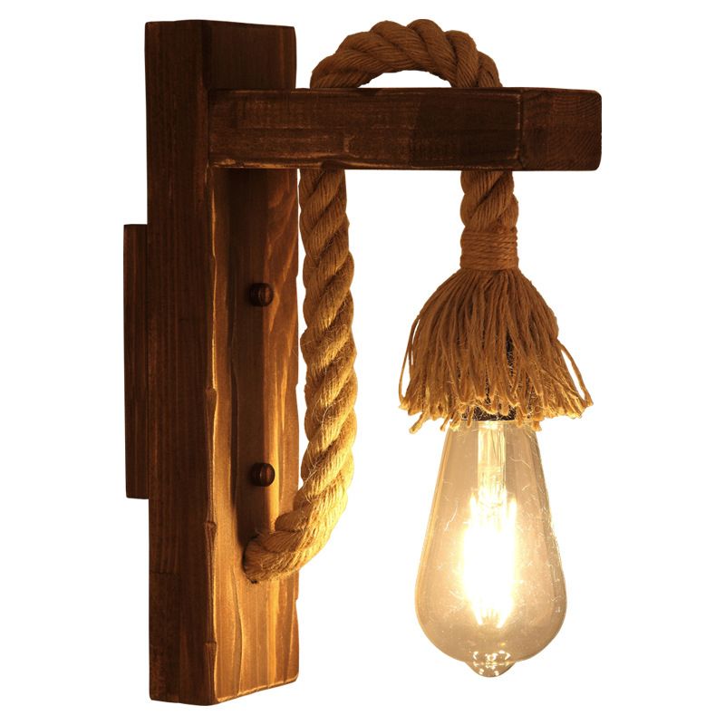 Brown L-Shaped Arm Wall Mount Lighting Rustic Wood 1 Light Dining Room Wall Light Fixture with Hemp Rope Cord