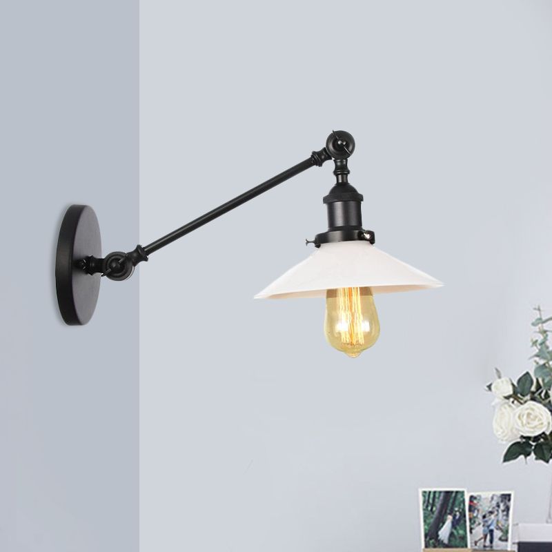 Industrial Conical Sconce Light 1 Light Opal Glass Wall Lamp in Black/Bronze/Brass with Arm, 8"/12" L