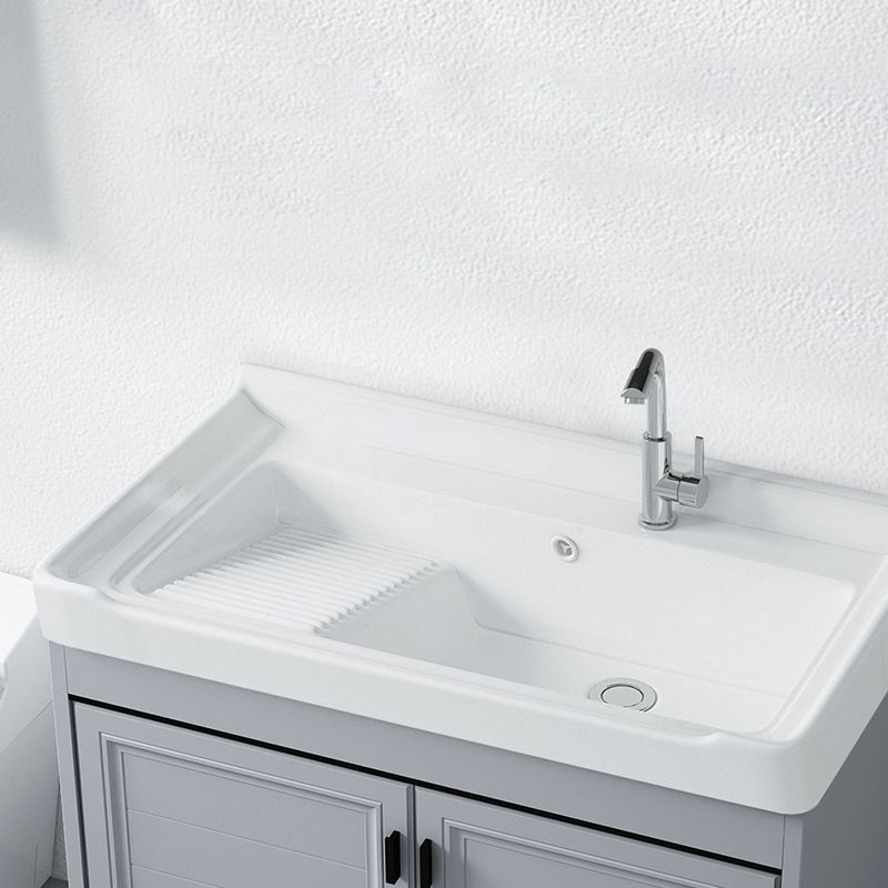 Modern Console Sink Porcelain Rectangular with Right Basin and Faucet Trough Sink