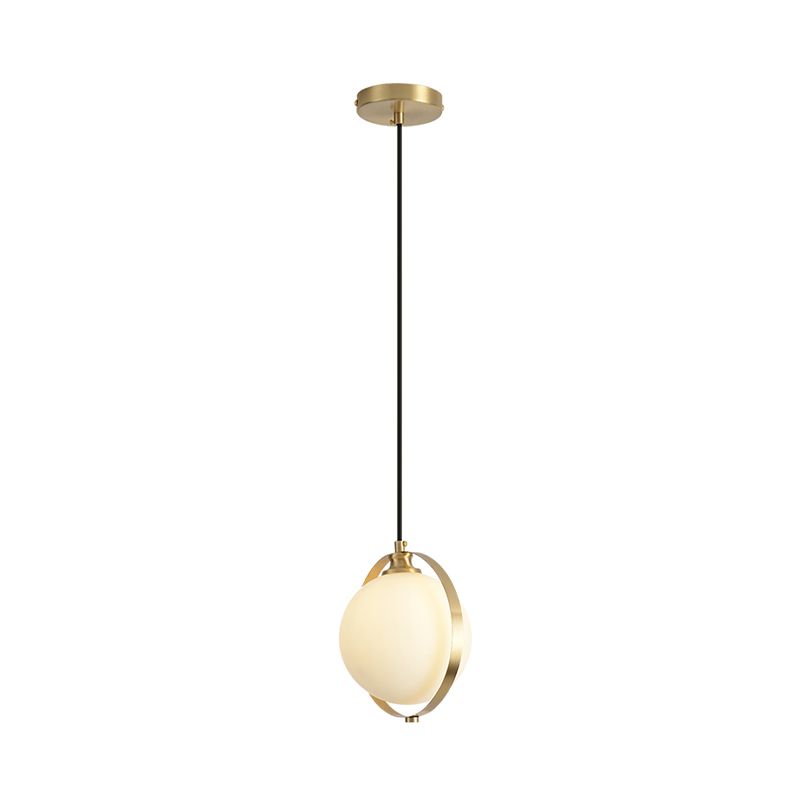 Global Suspended Pendant Light Simple White Frosted Glass 1 Bulb Bedside Hanging Ceiling Lamp with Brass Ring