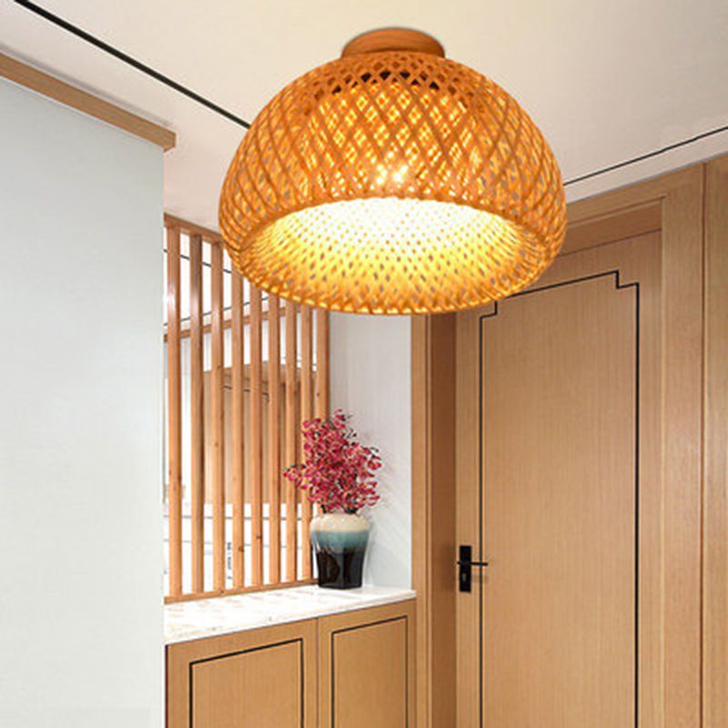Asian Style Handmade Bamboo Weaving Ceiling Light 1 Head Wooden Ceiling Lamp for Restaurant