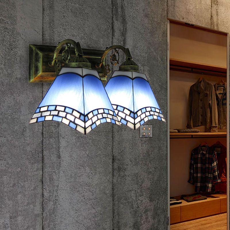 Nautical Pyramid Wall Lighting Stained Glass 2 Lights Vanity Light in Light/Dark Blue for Bathroom