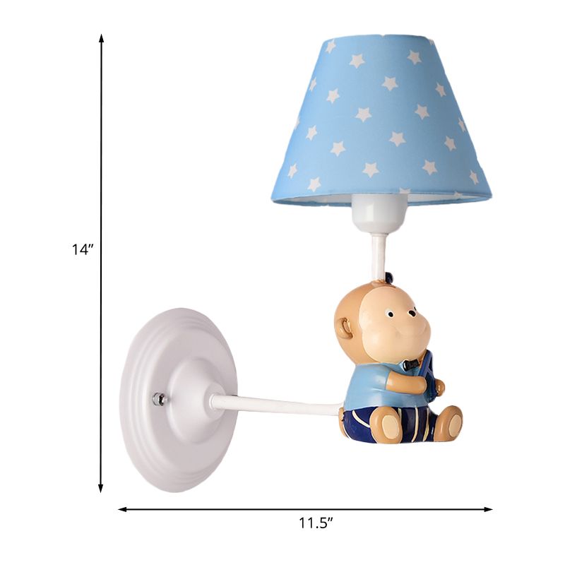 Cone Kids Bedside Wall Mounted Light Fabric 1 Light Cartoon Sconce Ideas in Blue/Red with Little Bear Decor