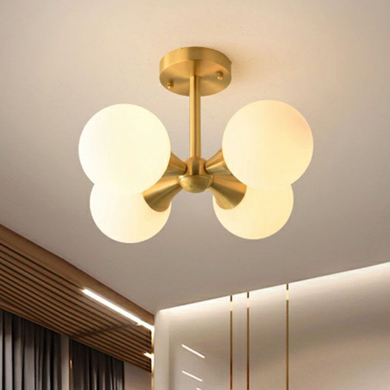 4 Lights Bedroom Ceiling Fixture Minimalist Gold Finish Semi Mount Lighting with Globe Opal Glass Shade