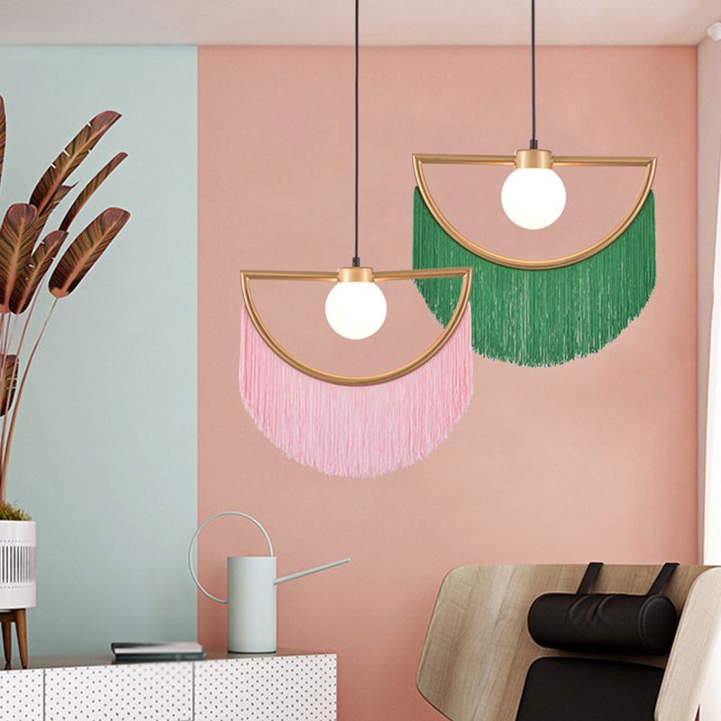 Minimalism Globe Suspension Light 1-Light Opal Glass Hanging Lamp with Decorative Fringe