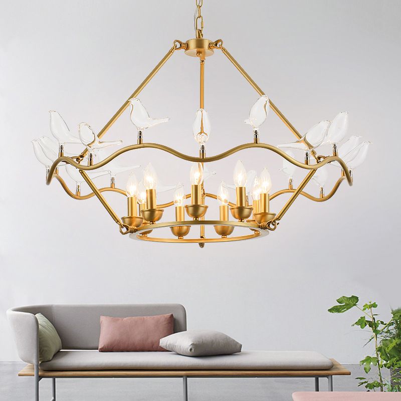 Panier de fleurs en métal lampe à lustre moderne 9 ampoules Gold Pendant Lighting Piscussion avec oiseau en verre transparent