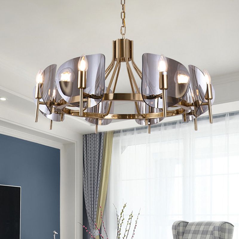 Shield Parlor Ceiling Hang Light Smoky Grey Glass 8 Lights Postmodern Chandelier Lighting in Gold