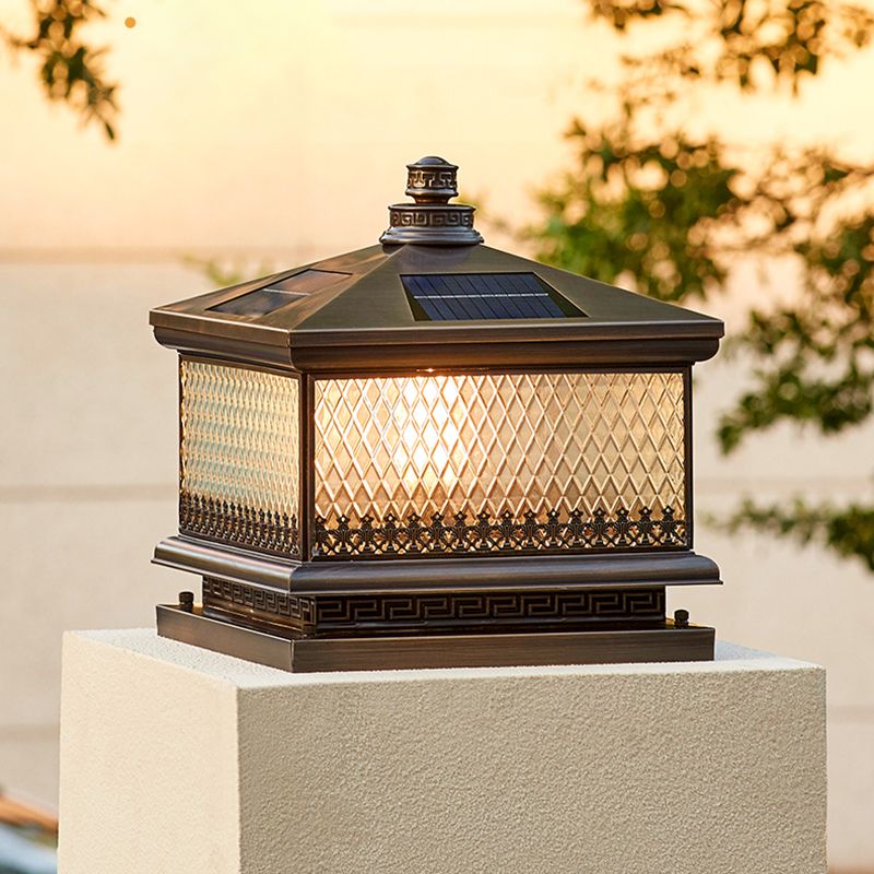 Rectangular Shape Metal Solar Pillar Lamp Modern Style 1 Light Outdoor Lights in Bronze