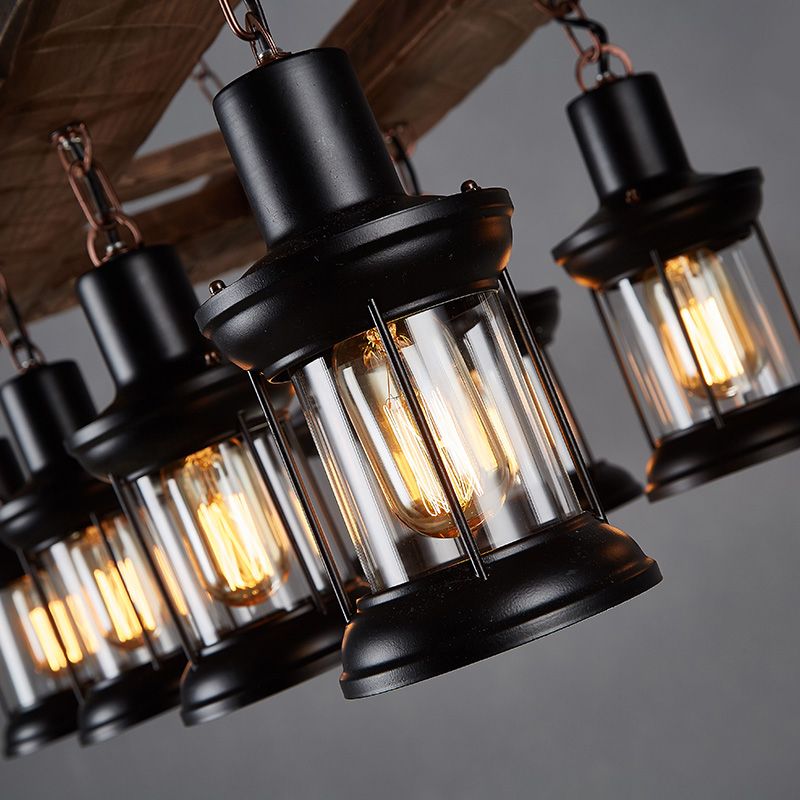 Wood 8-Light Island Ceiling Light Farmhouse Clear Glass Lantern Suspended Lighting Fixture