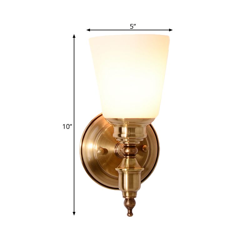 1-Head Sconce Light Fixture with Cone Shade White Glass Modernist Style Bedroom Wall Lamp in Gold