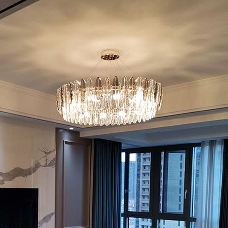 Modern Round Ceiling Hang Light Crystal Leaf 9 Bulbs Living Room Chandelier Light Fixture