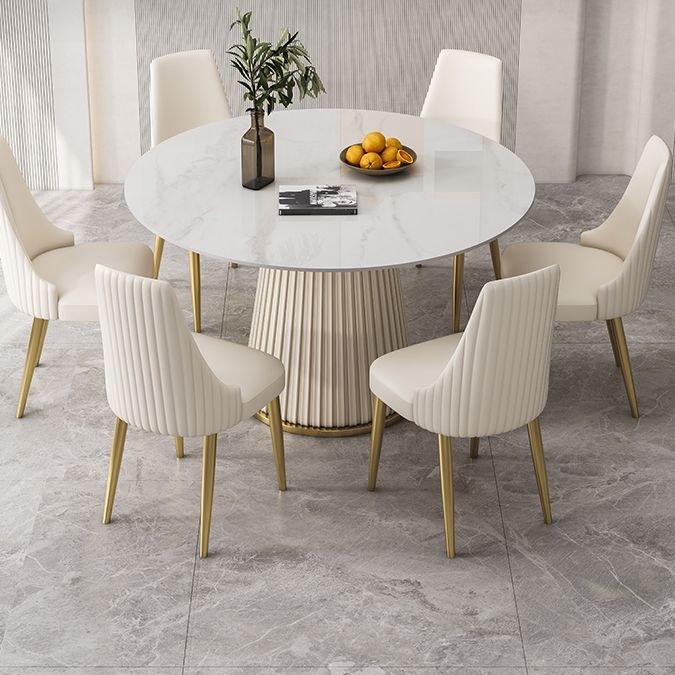 Round Traditional Luxury Dining Table White Sintered Stone Table with White Pedestal Base