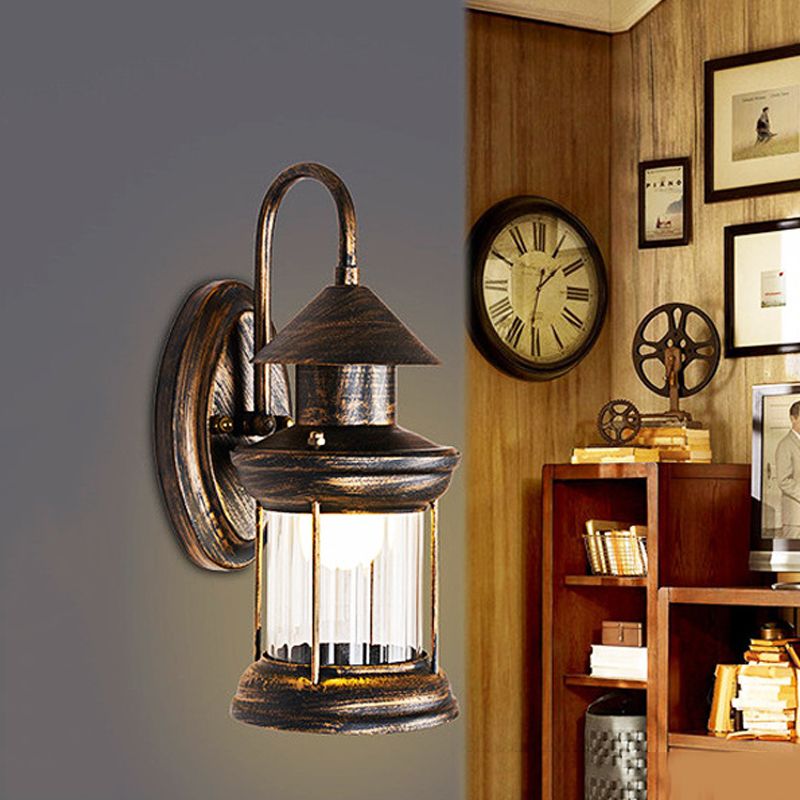 Metallic Lantern Wall Mount Lighting Coastal 1 Bulb Corner Wall Lamp Sconce with Curvy Arm in Brass