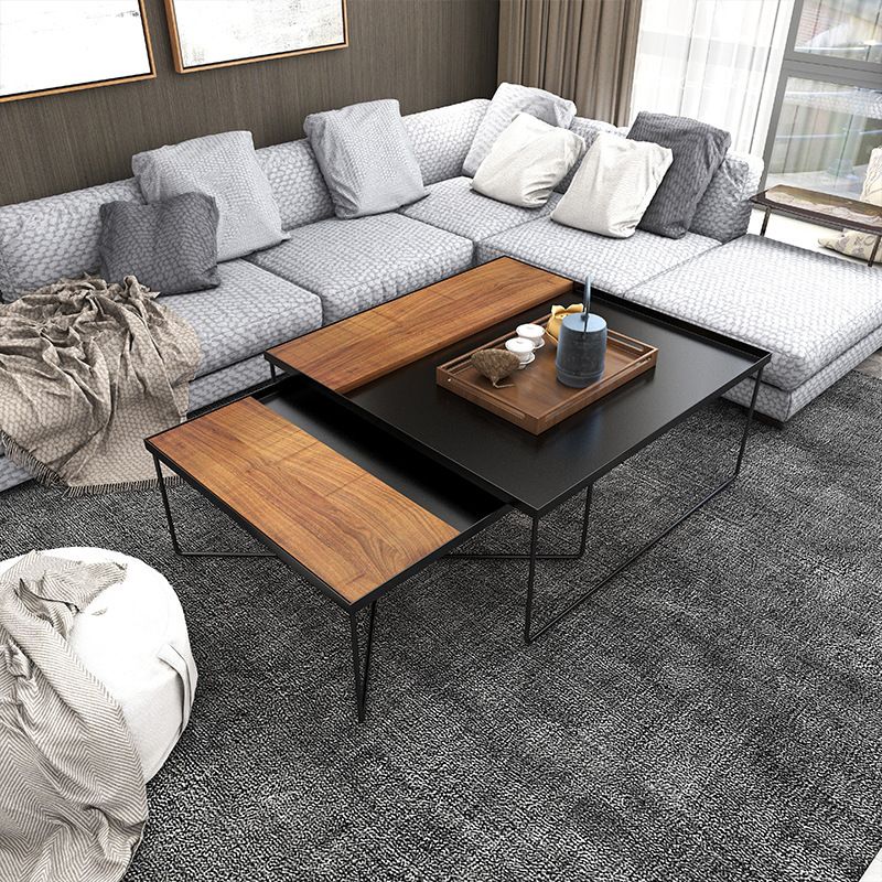 Mid-Century Modern Metal & Wood Coffee Table Cross Legs Cocktail Table Set