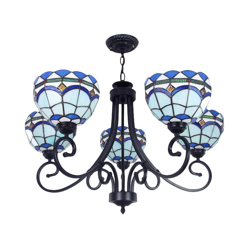 Mediterranean Bowl Pendant Lighting 5 Lights Stained Glass Hanging Ceiling Light in Blue