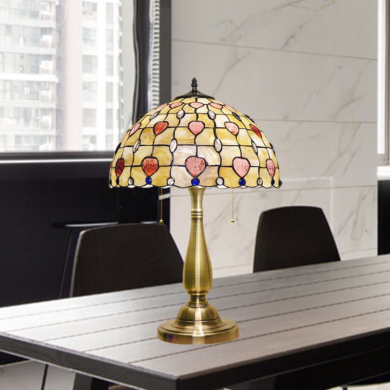 2 lichten tafellamp stippellijn Patroon Bowl Shell Night Stand Light met trekketting in geborsteld goud