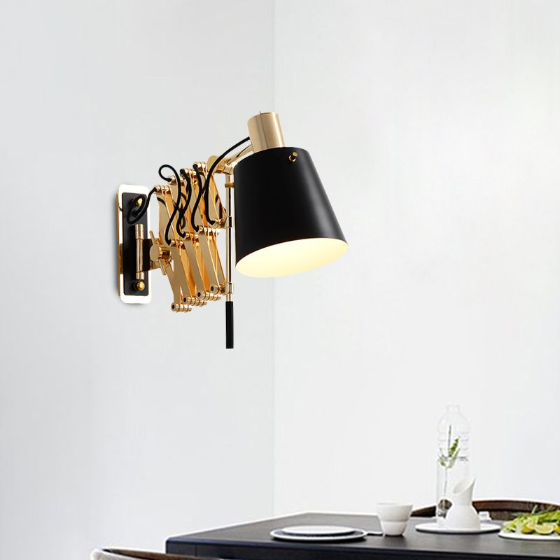 Expansion Arm Wall Mount Light Post Modern Metallic Gold 1-Head Sconce Lamp with Black Barrel Shade