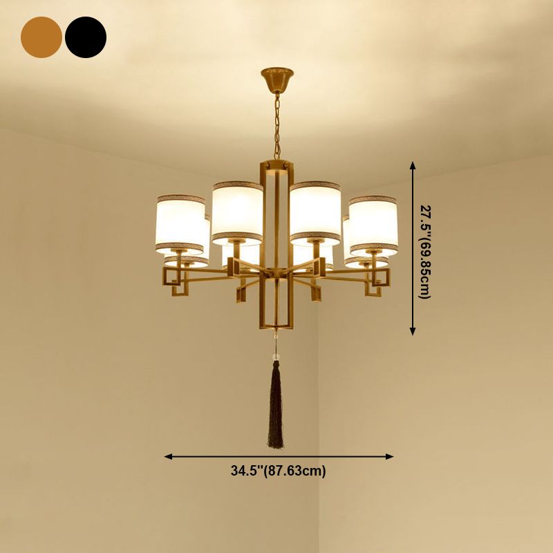 Cylindrical Fabric Suspension Lamp Retro Lobby Living Room Chandelier with Tassel