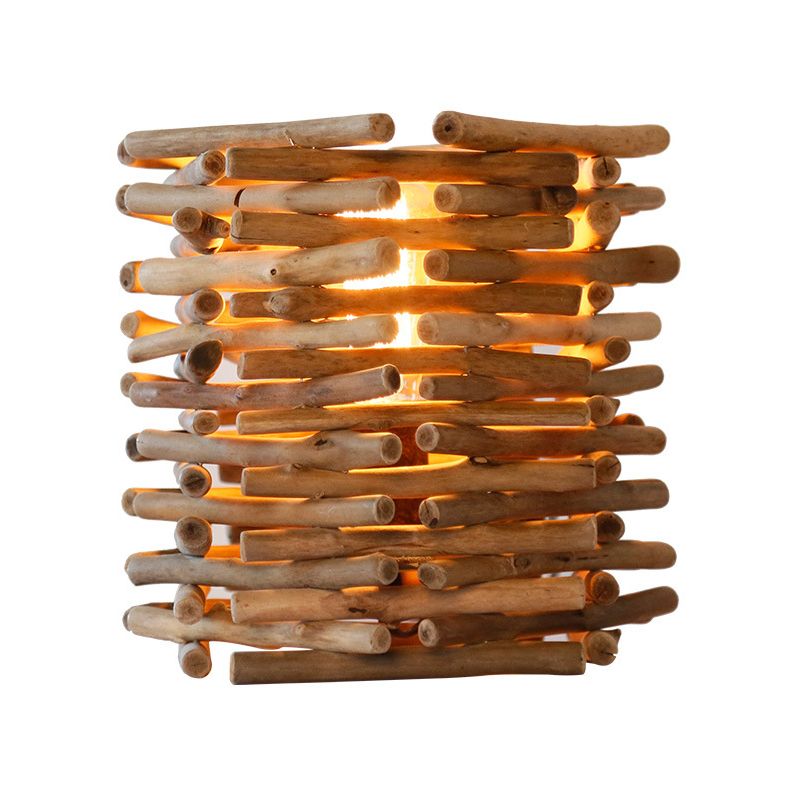 Lampada da scrivania piccola cilindrica in legno Asia con 1 lampadina, illuminazione da lavoro marrone per camera da letto, larghezza 8"/10".