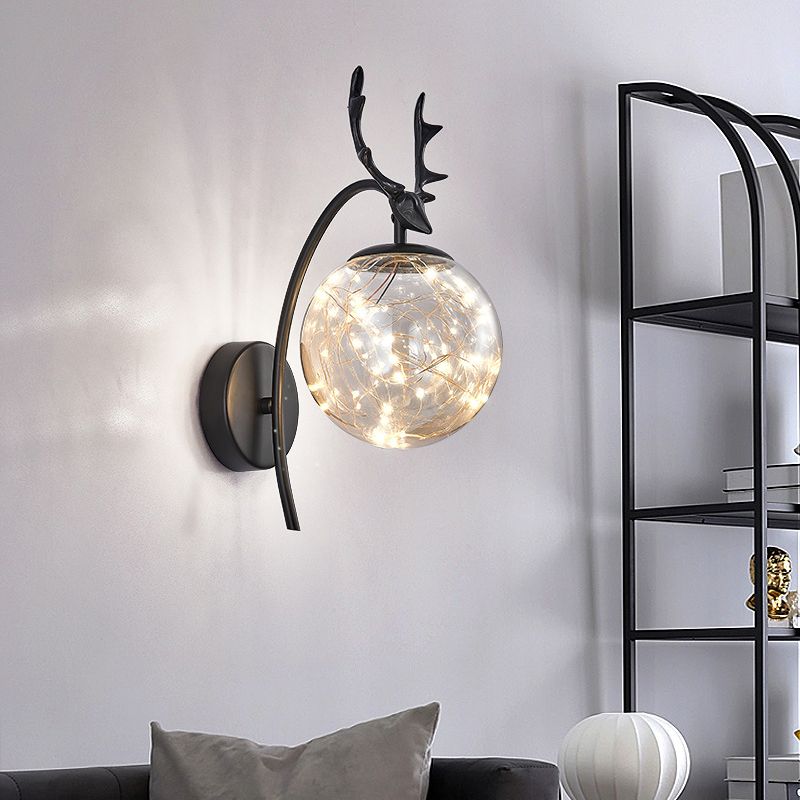 Spherical Wall Sconce with Antlers Nordic Luxury Style Glass Sconces for Living Room Bedroom