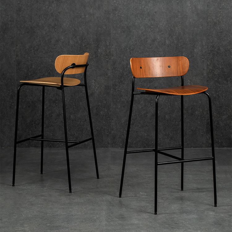 Contemporary Backrest Solid Wood and Metal Counter High Stool with 4 Legs