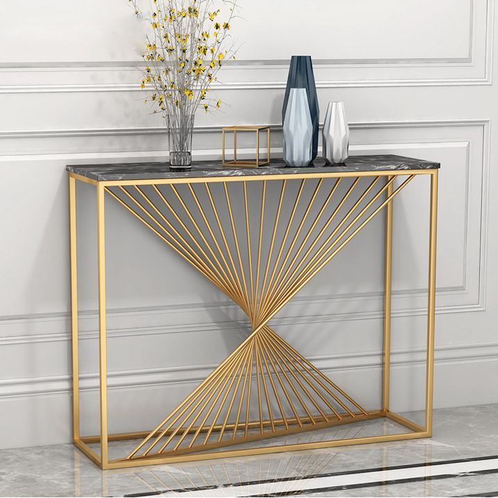 Rectangle Marble Top Accent Table with Iron Frame Base for Hall