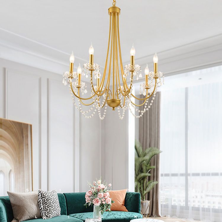 Candle Suspended Lighting Fixture American Style Multi-Head Hanging Pendant Lights with Crystal Bead