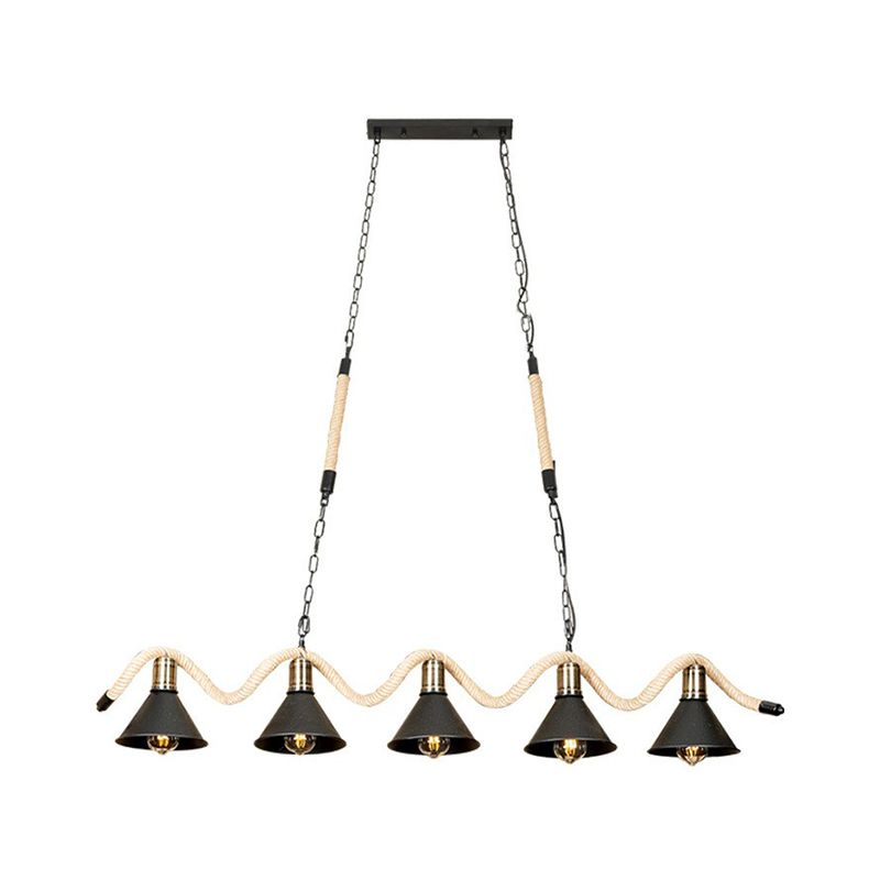 Black 5 Lights Island Pendant Warehouse Culla corda lampada a soffitto ondulata con tonalità in metallo conico