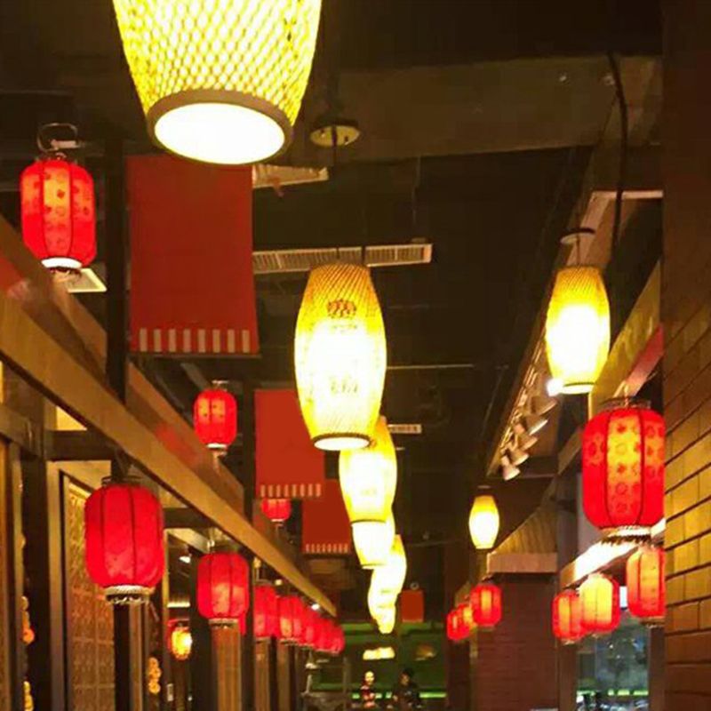 1-Light Corridor Hanging Lighting Chinese Wood Pendant Lamp with Elliptical Bamboo Shade